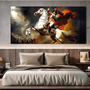 May include: A painting of a man on horseback riding through a battlefield. The man is wearing a red and gold uniform and a white hat. The horse is white and has a red and gold saddle. The background is a dark, stormy sky.