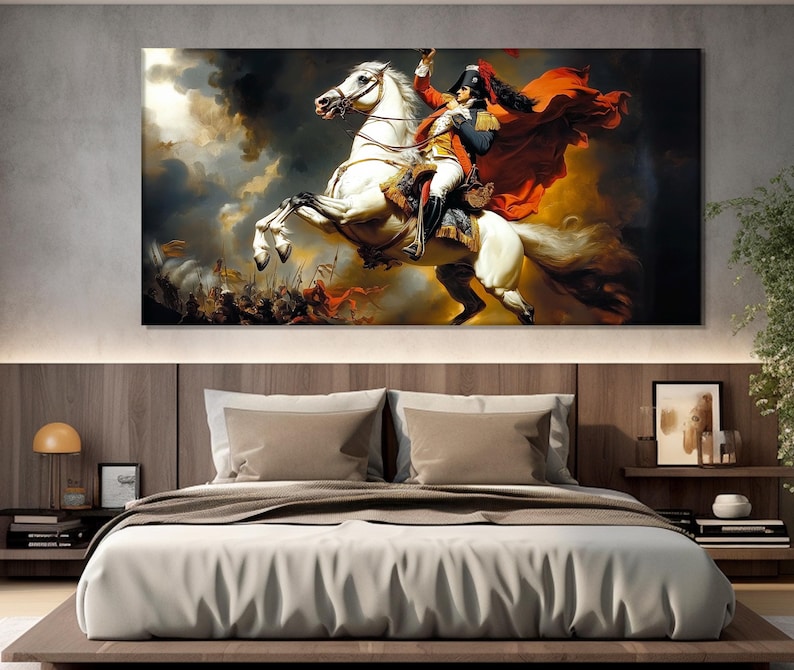 May include: A painting of a man on horseback riding through a battlefield. The man is wearing a red and gold uniform and a white hat. The horse is white and has a red and gold saddle. The background is a dark, stormy sky.