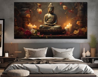 Buddhist Wall Art, Buddha Statue Painting Printed on Canvas, Buddhist Wall Decor