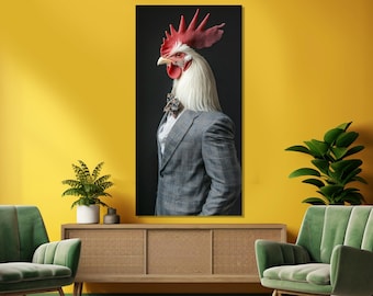 May include: A white rooster wearing a gray suit and a bow tie. The rooster is standing against a black background.