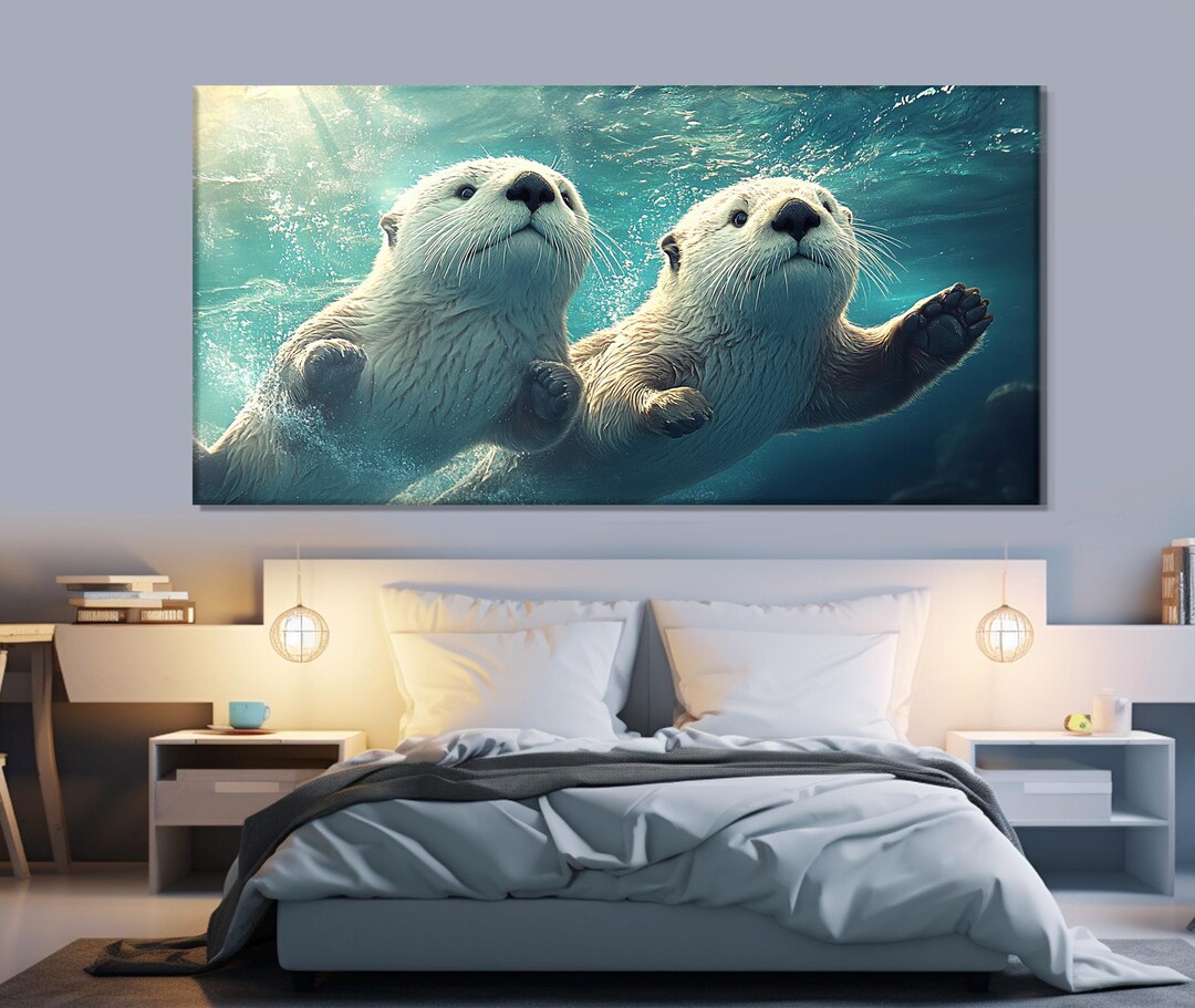Cute Sea Otters Canvas Print, Swimming Otters Poster, Kids Room Wall ...
