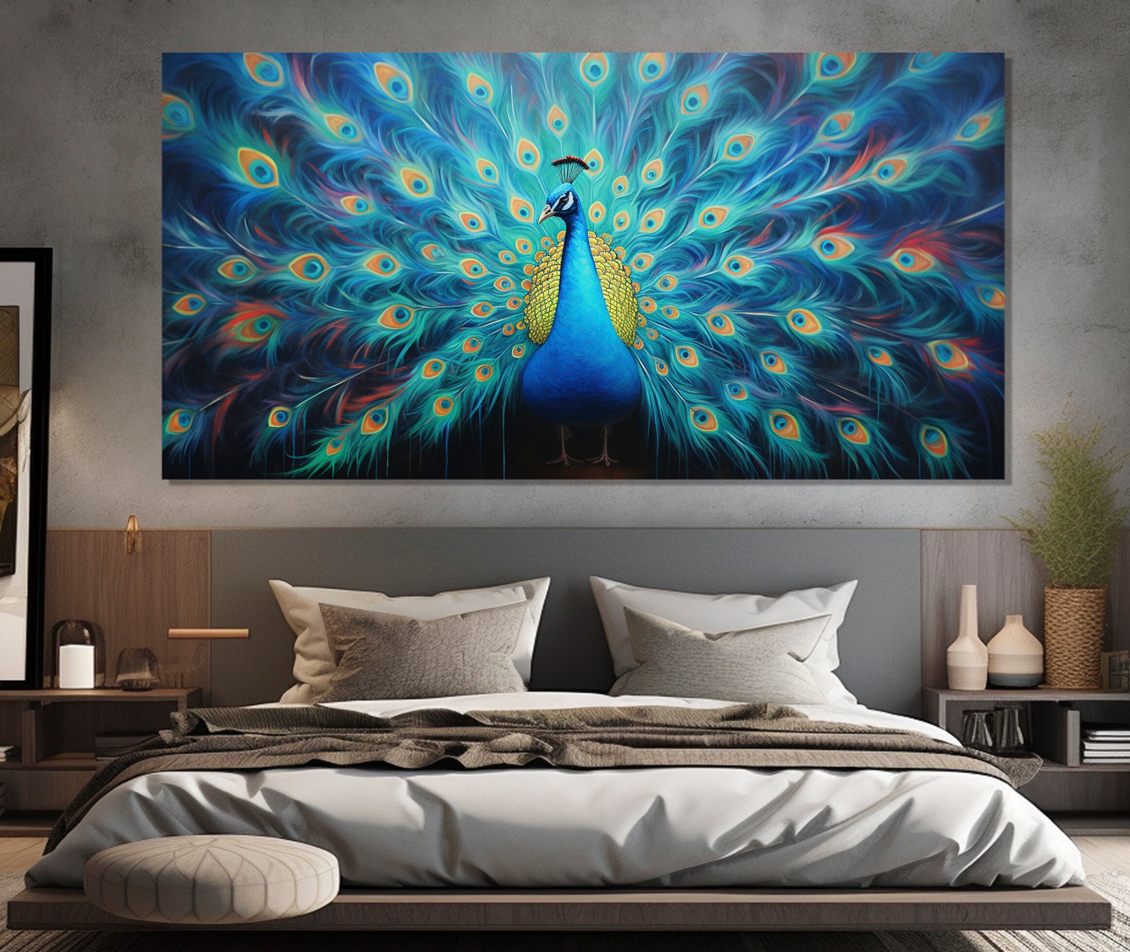 Stampa Su Tela Pavone Turchese - Quadro Moderno Con Uccelli - 40,6 X 30,5 Cm - Con Gancio Metallico - Decorazione Da Parete Per Soggiorno, Camera Da Letto, Bagno