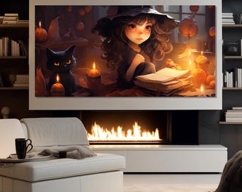 Libro dipinto con una graziosa strega e i suoi incantesimi, stampato su tela, decorazione da parete per la cameretta dei bambini di Halloween, poster di una strega e un gatto nero di Dark Academia.