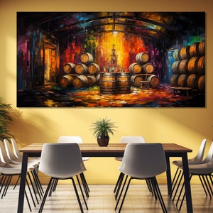 Abstract Wine Wall Art, Vintage Wine Cellar Painting Printed on Canvas, Wine Barrels Painting, Winery Decor, Retro Wine Shop Wall Decor
