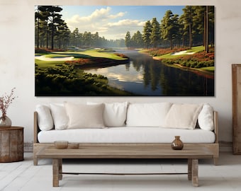 Impressão em tela de campo de golfe panorâmico, arte de parede de golfe, pintura de campo de golfe, presente para jogador de golfe, decoração de parede de resort de golfe, pôster de campo de golfe