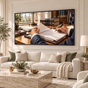 May include: A rectangular wall art print featuring a professional office scene with a person in a dark suit writing in a leather-bound notebook. The desk includes a brass scale of justice, stacked antique books, and a view of a city skyline.