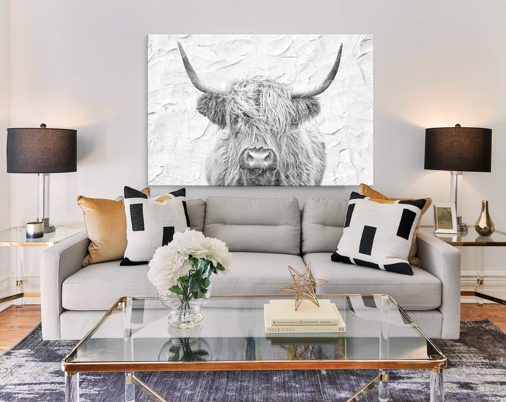 Highland Cow on Rustic Wall Background Canvas Print, Modern Minimalist