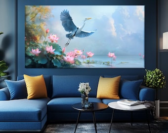 Heron Painting Printed on Canvas, Heron on the Lake Print