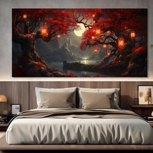 Traum Fantasie Wandbild, Nachtrote Laternen Leinwand Druck, Geheimnisvolle Wald Surreale Malerei, Mystische Wald Leinwand Druck, Fantasy Wandkunst