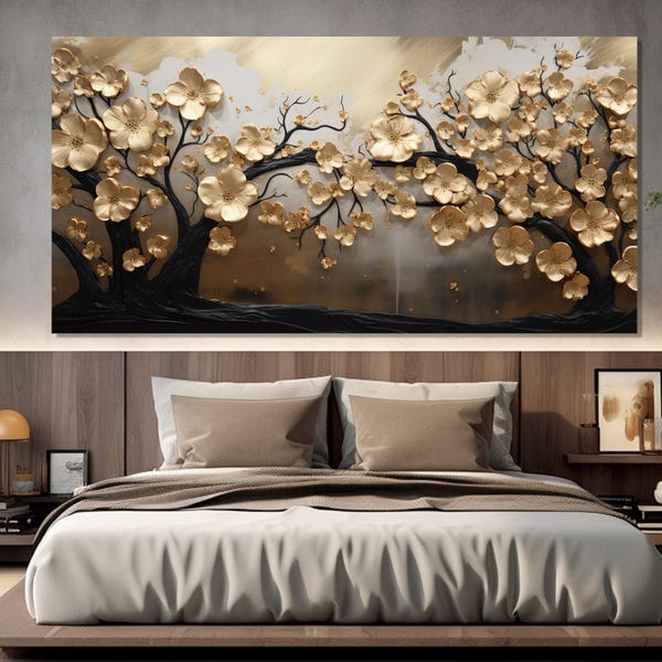 Gold Blooming Trees Painting Canvas Print, Gold Tree Blossom Poster, Golden Interior Print, Gold Luxury Bedroom, Livingroom Wall Decor