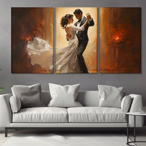May include: A painting of a couple dancing in a ballroom. The man is wearing a black suit and the woman is wearing a white dress. The background is a warm, golden color.