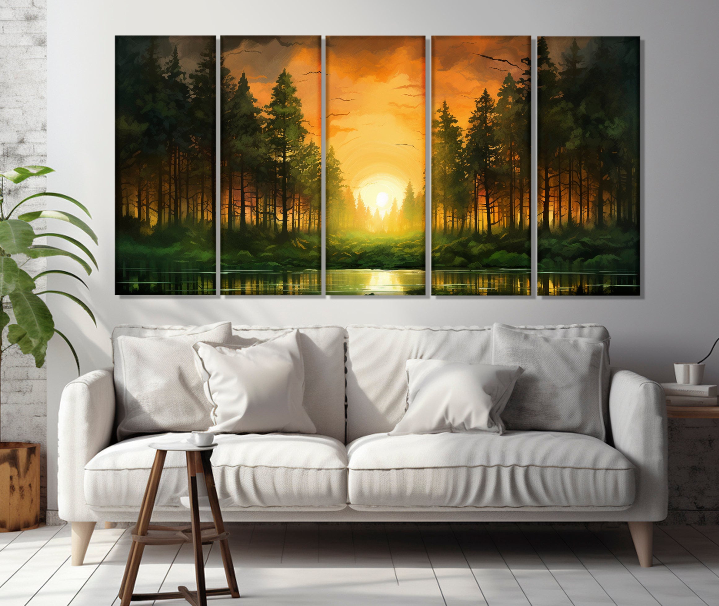 Forest Lake Sunset Painting Printed on Canvas, Large Forest Canvas ...