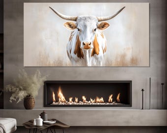 Cuadro de tonos suaves de Texas Longhorn impreso en lienzo, arte de pared de granja, decoración de pared rústica, arte de pared de vaca Longhorn, póster de Texas Longhorn
