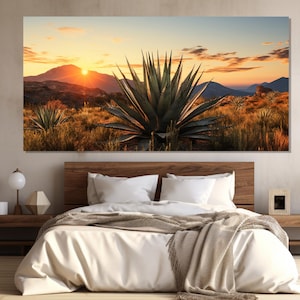 Agave Cactus in Desert on Sunset Painting Printed on Canvas, Agave Poster, Agave Wall Art, Agave Painting, Mexican Sunset Wall Art