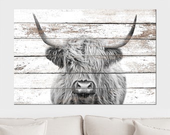 Black and White Highland Cow on a Wooden Background Canvas Print, Modern Minimalism, Fashion Gift, Cow Wall Art