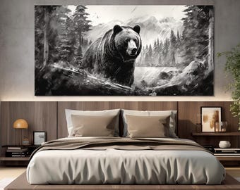 Impressão em tela de urso pardo preto e branco, pintura de urso pardo na floresta, arte de parede de animais, pôster de urso pardo, arte de parede de ursos