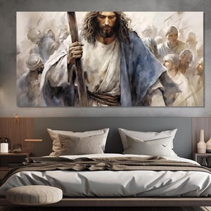 Stampa su tela raffigurante Gesù che porta la croce, dipinto religioso, dipinto di Gesù Cristo, regalo religioso, arte murale della Bibbia, tela religiosa