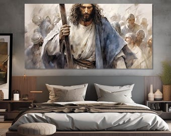 Jesus Carrying the Cross Canvas Print, Religious Painting, Jesus Christ Painting, Religious Gift, Bible Wall Art, Religious Canvas Art