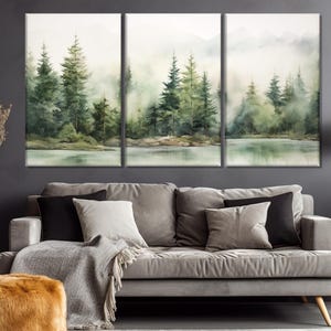 Foggy Pine Forest Wall Art, Soft Tones Nature Canvas Print, Misty Green ...