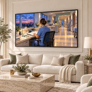 May include: A rectangular wall art piece in a black frame depicting a healthcare professional in blue scrubs sitting at a desk in a hospital station. The scene shows a sunset view through large windows and a long, brightly lit hospital corridor.