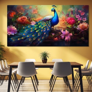 Bunter Pfau Leinwanddruck, großes Pfau Gemälde, Esszimmer Dekor, Pfau Wandkunst, Pfau Poster, Luxus Haus Wanddekoration