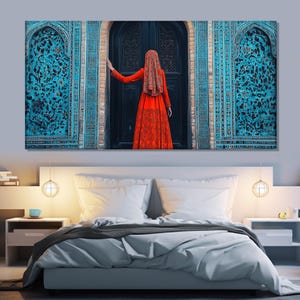 Abstract Oriental Painting Printed on Canvas, Oriental Woman in Red Dress entering Ornate Doors Canvas Print, Arab Wall Decor, Oriental Art