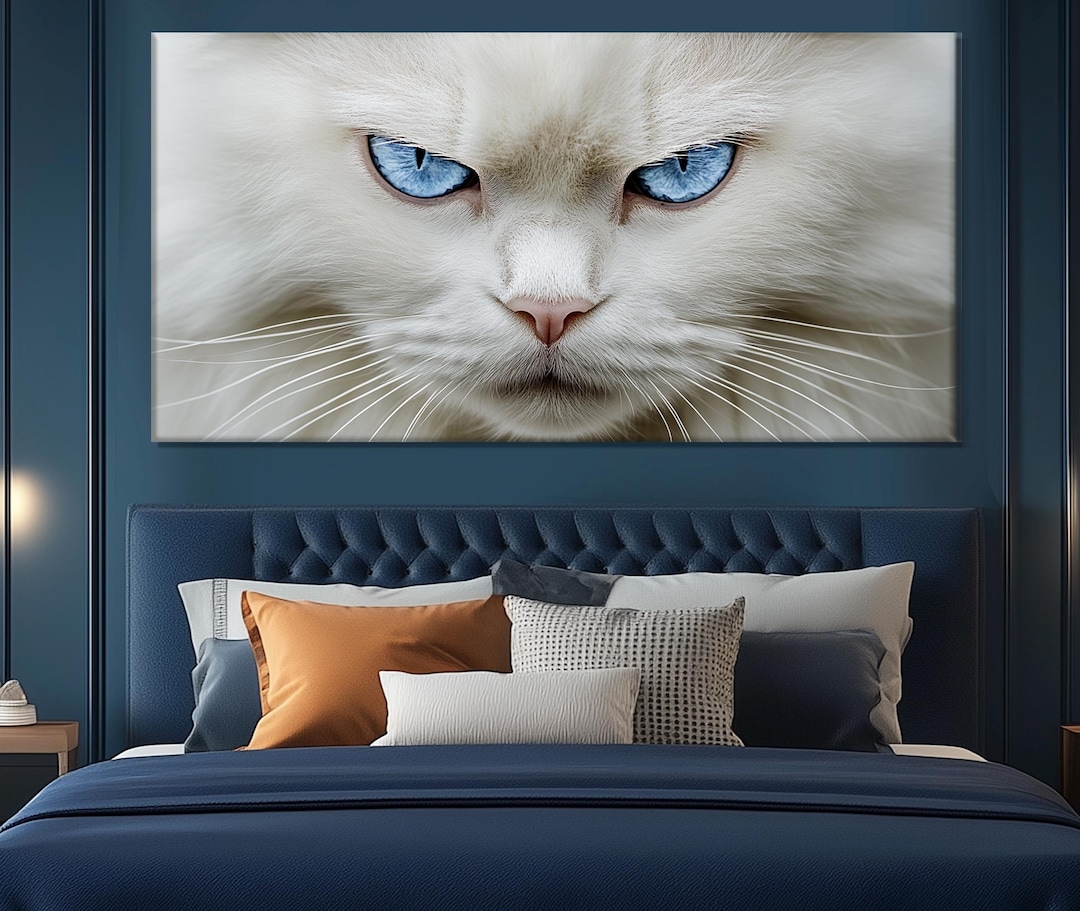 Impression sur toile Chat blanc aux yeux bleus, affiche chat mystique, art mural chats