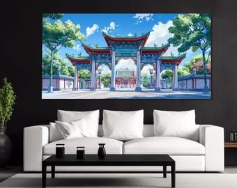 Impresión en lienzo de arco chino abstracto, decoración de pared asiática, pintura de paisaje chino, arquitectura china, arte en lienzo de la antigua China
