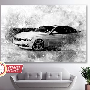 May include: Black and white watercolor illustration of a silver car with a blurred background. The car is in focus and the background is blurred.