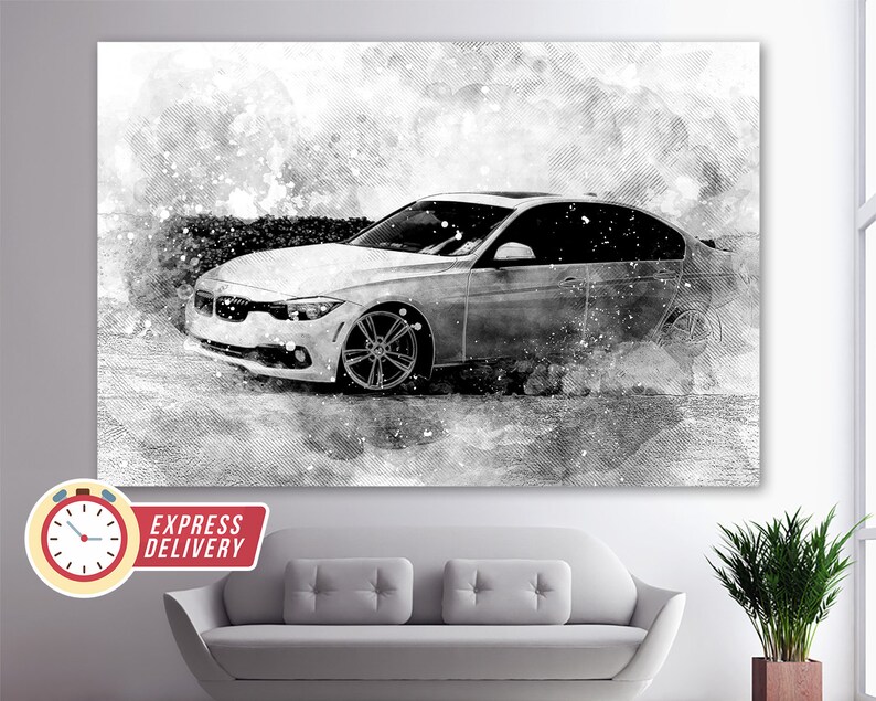 May include: Black and white watercolor illustration of a silver car with a blurred background. The car is in focus and the background is blurred.