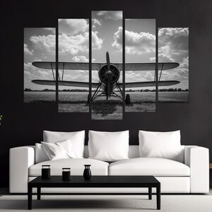Black and White Biplane Canvas Print, Vintage Aircraft Poster, Canvas Print, Biplane Photo, Aviation Wall Art, Pilot Gift, Plane Print