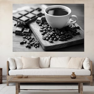 Impressão em tela de xícara de café, fotografia em preto e branco de grãos de café, arte de parede de café, decoração de parede de café, decoração de cafeteria, decoração de cozinha