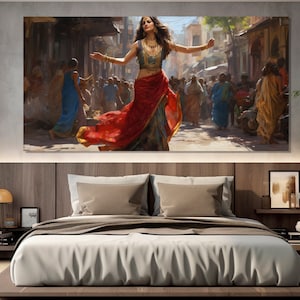 Beautiful Indian Woman Dancing on the Street Canvas Print, Indian Wall Art, India Canvas Print, Indian Dance Painting, Dancing Wall Art