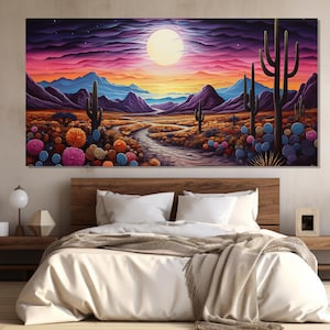 Magical Full Moon in Desert Canvas Print, Abstract Desert Wall Art, Scenic Cacti in Night Desert Painting Canvas, Cactus in Moonlit Poster