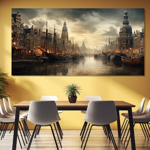 Vintage Amsterdam Painting Printed on Canvas, Amsterdam Wall Art, Abstract Amsterdam Canvas Print, Amsterdam Wall Art, Retro Netherlands Art