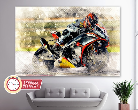 Canvas Prints Wall Art - Motorcycle/Motor Bike in Black and White Vint Abstract Motorcycle, Green Waves Painting Canvas Prints Wall Art