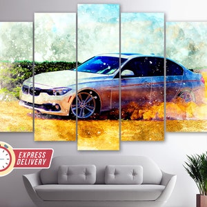 May include: A silver car with a watercolor effect, driving on a dirt road with a yellow and orange smoke trail behind it. The car is a BMW 3 Series.