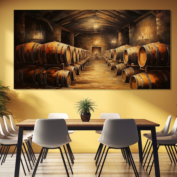 Peinture de cave à vin vintage imprimée sur toile, peinture de tonneaux de vin, décoration murale de cuisine, décoration de domaine viticole, art mural de vin rétro