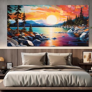 Scenic Lake Tahoe Sunset Canvas Orint, Lake Tahoe in Sierra Nevada Painting, Lake Tahoe Wall Art, Colorful Lake Tahoe Poster
