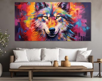 Colorful Wolf Painting Printed on Canvas, Abstract Wolf Canvas Print, Wolf Poster, Wolf Wall Art