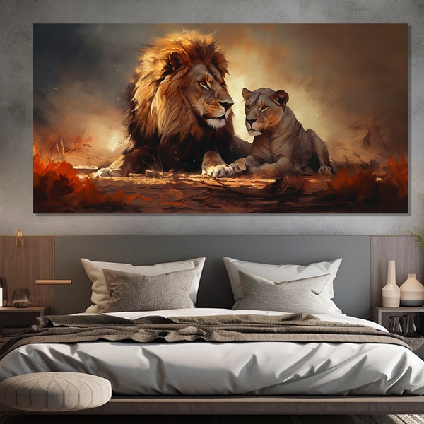 Lions amoureux Peinture imprimée sur toile, Décoration murale de chambre moderne, Lion avec impression sur toile lionne, Art mural d’amour, Art sur toile familiale