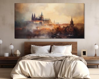 Abstract Prague Skyline Painting Printed on Canvas, Prague Castle Canvas Print, Czech Wall Decor, Wall Art, Prague Wall Art