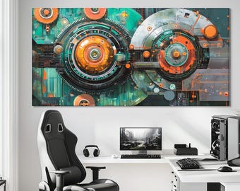 Arte mural de ingeniería, impresión en lienzo de maquinaria y circuitos, regalo de ingeniero, regalo de administrador de sistemas, arte mural técnico