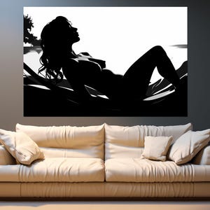 May include: Black and white silhouette of a person lying on a bed with their head turned to the side. The person is nude and the background is white.