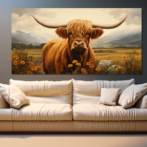 Grande impressão em tela de vaca das Terras Altas, decoração de parede de fazenda, presente de fazendeiro, arte de parede de vaca, arte de parede de fazenda, decoração de casa de campo