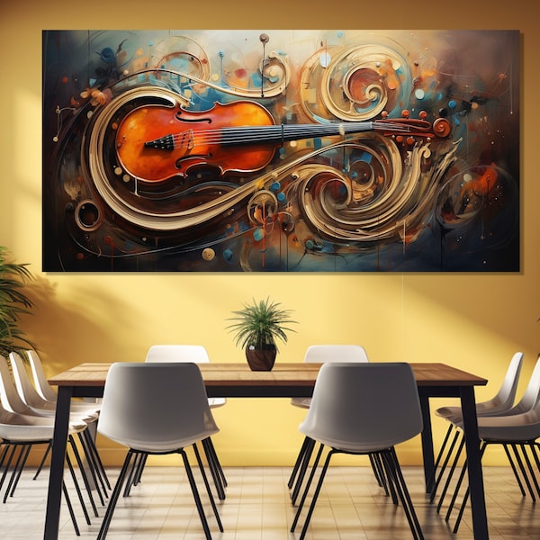 Peinture abstraite pour violon imprimée sur toile, oeuvre d'art sur toile grand violon, décoration murale musique, cadeau violoniste, oeuvre d'art murale violon