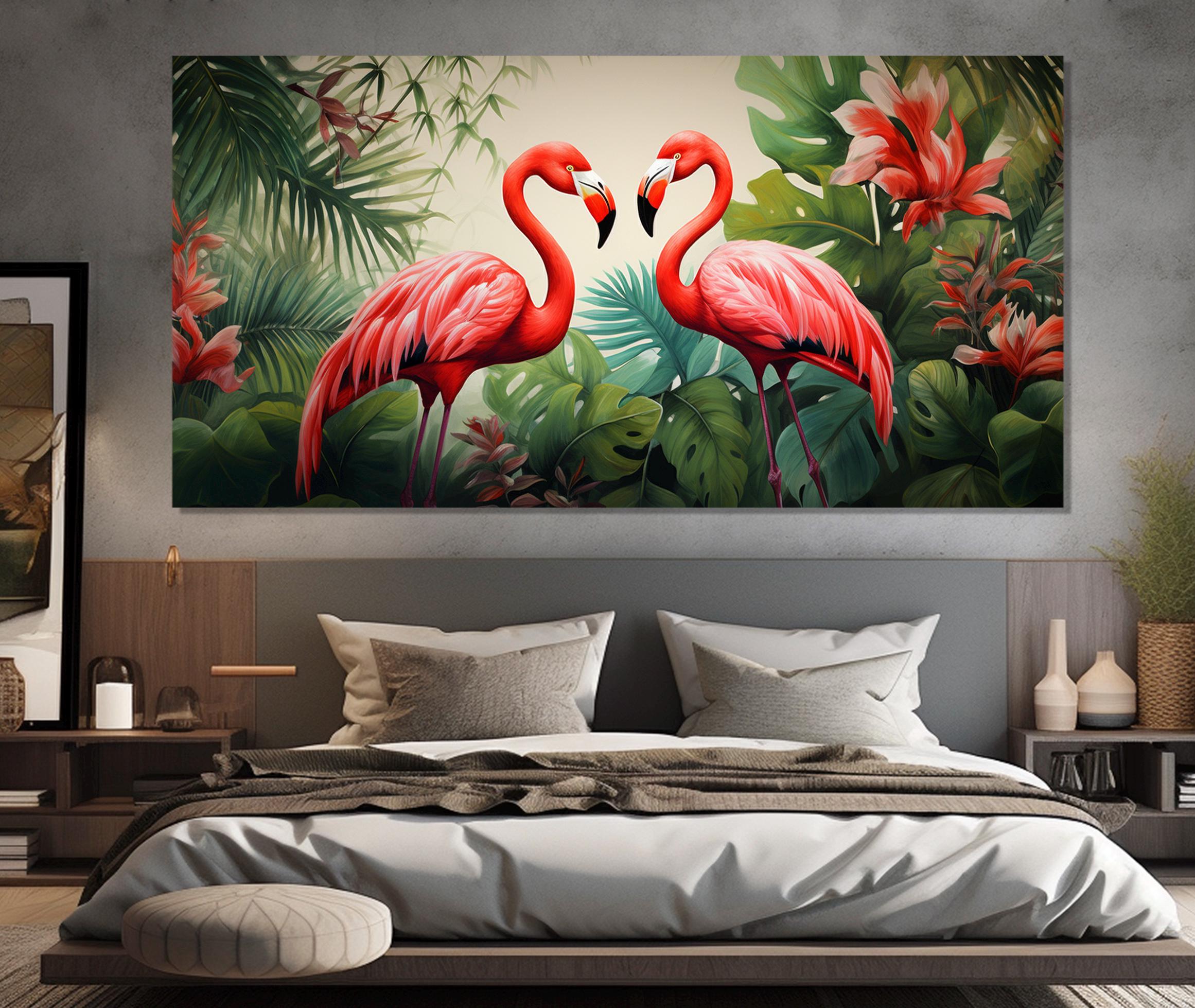 美しいフラミンゴの絵画をキャンバスにプリント、熱帯雨林の壁アート