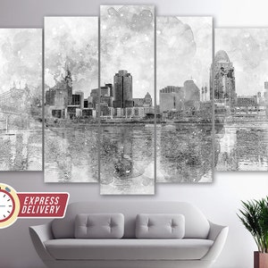 May include: Black and white watercolor painting of a city skyline with a bridge in the foreground. The city is reflected in the water below. The painting is divided into five panels.