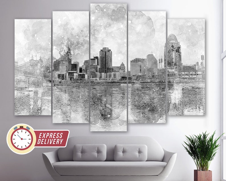 May include: Black and white watercolor painting of a city skyline with a bridge in the foreground. The city is reflected in the water below. The painting is divided into five panels.
