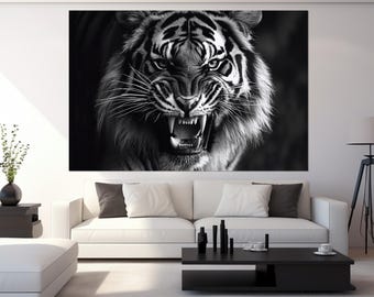 Black and White Tiger Canvas Print, Tiger Wall Art, Tiger Print, Roaring Tiger Poster, Animals Canvas Art, Tiger Photo, Large Tiger Portrait